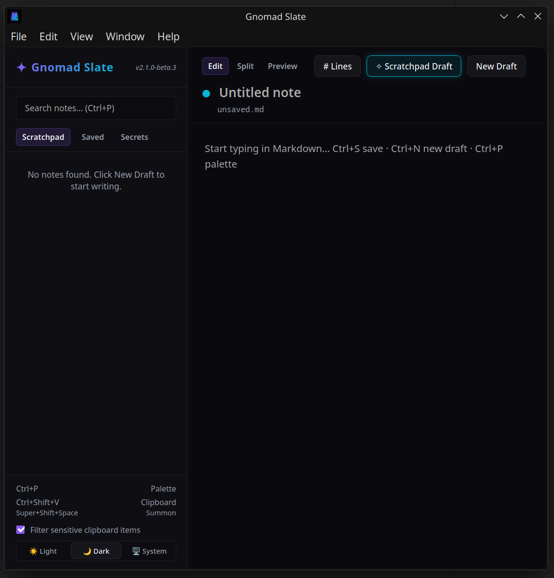Gnomad Slate v2.1.0-beta.3 on Nobara — dark-mode scratchpad with Linux toolbar, sidebar, and Super+Shift+Space summon hints