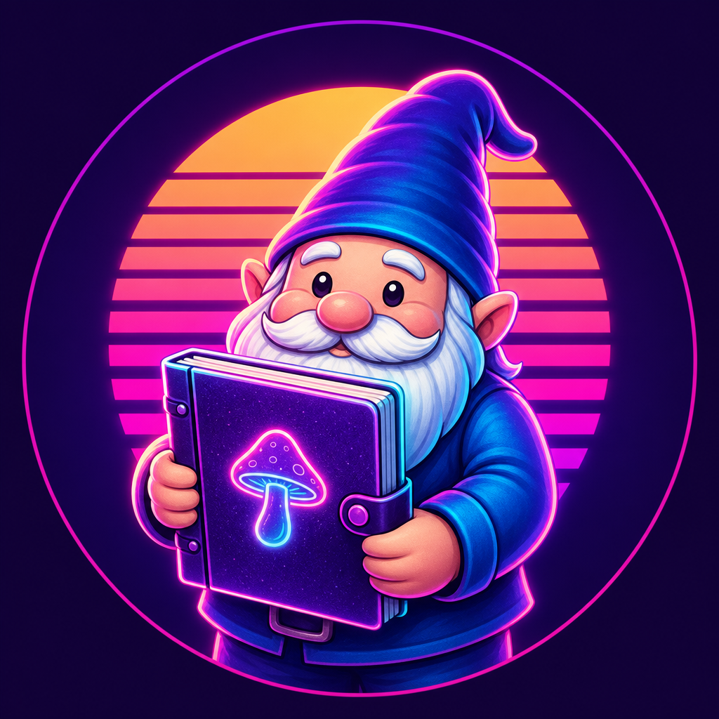 Gnome holding a glowing mushroom notebook