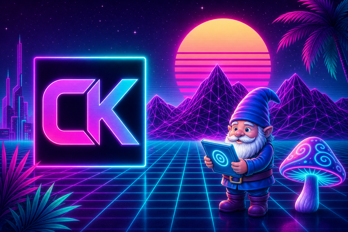 CK neon logo tile with gnome and mushroom on a vaporwave grid