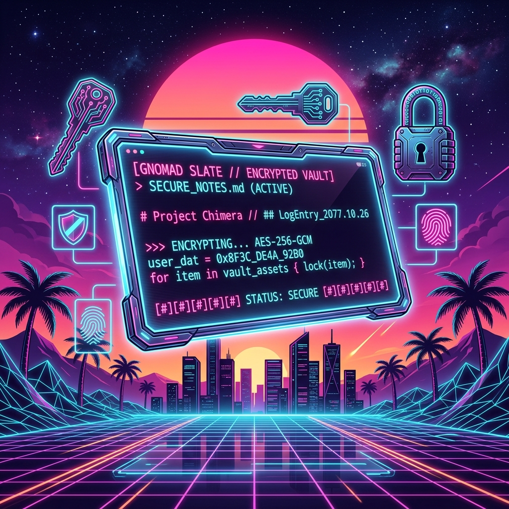 Gnomad Slate hero image — holographic scratchpad and encrypted vault key in vaporwave style