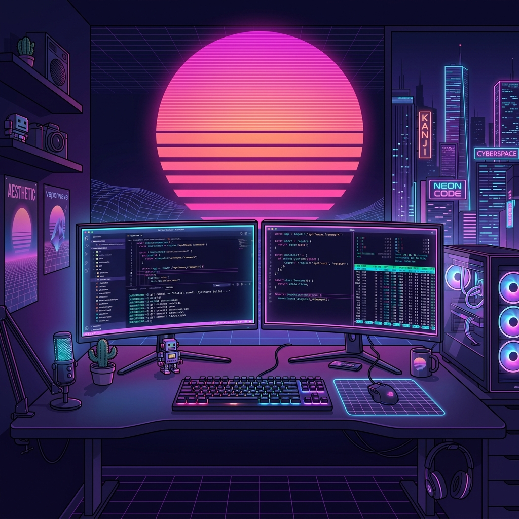 Retro-futuristic vaporwave workspace — neon command center for solo AI orchestration